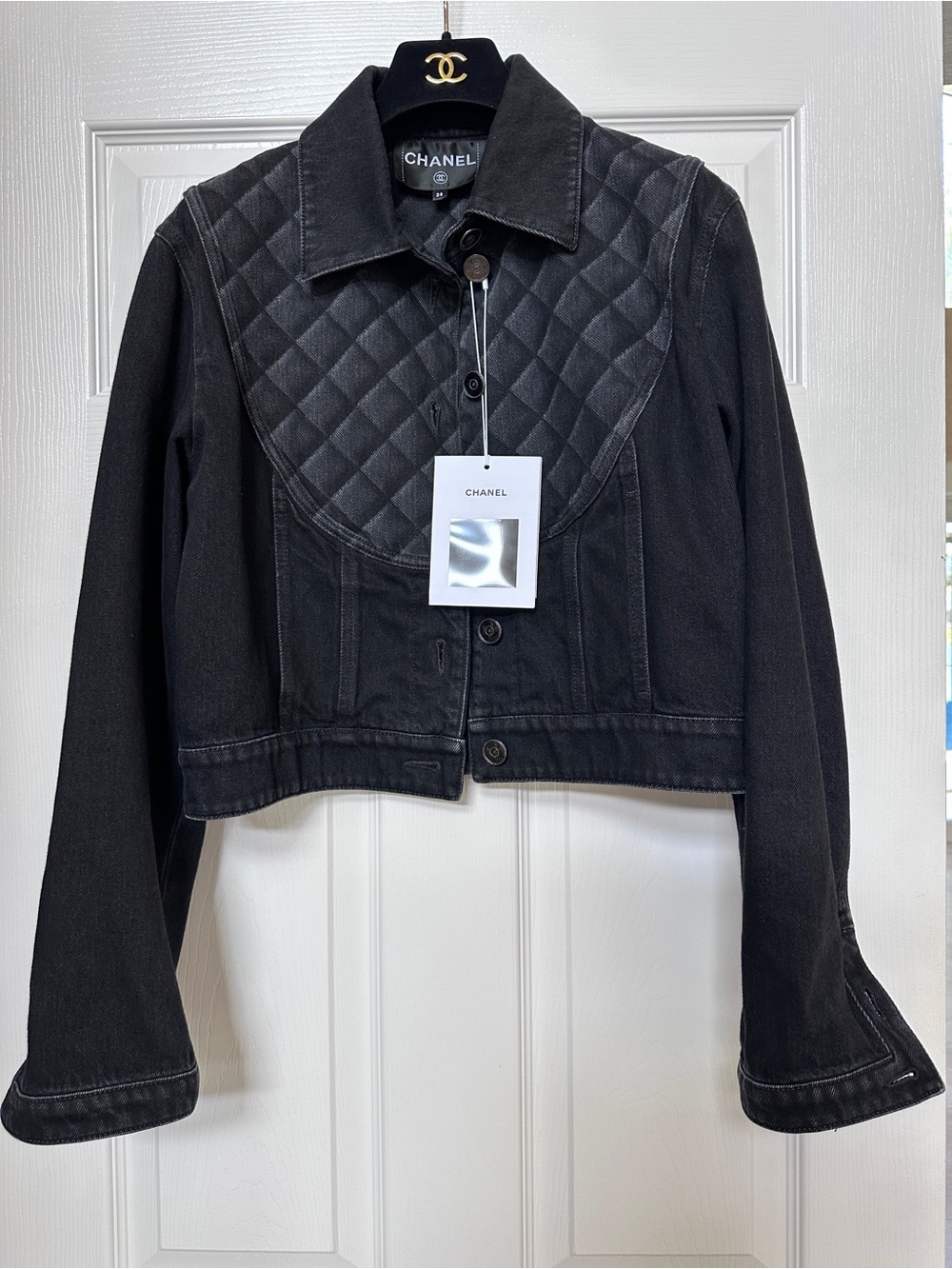 CHANEL Black Quilted-Yoke Cropped Jean Jacket